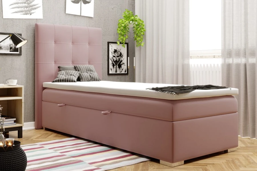 Altrosa Einzelbett mit Boxspring-Komfort und dekorativer Knopfheftung am Kopfteil.