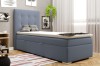 Modernes blaues Boxspring-Einzelbett mit gepolstertem Kopfteil für das Schlafzimmer.