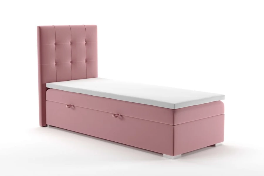 Rosa Boxspring-Einzelbett mit gestepptem Kopfteil freigestellt auf Weiß