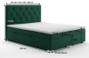Grünes Boxspringbett mit Maßen: Kopfteil 118 cm, Liegehöhe 65 cm, Breite flexibel.