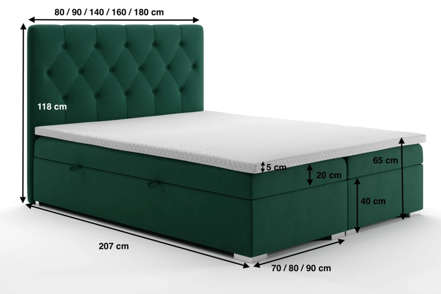 Grünes Boxspringbett mit Maßen: Kopfteil 118 cm, Liegehöhe 65 cm, Breite flexibel.