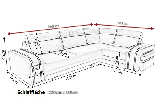 Maßzeichnung des Ecksofas mit detaillierten Größenangaben und Schlaffläche.
