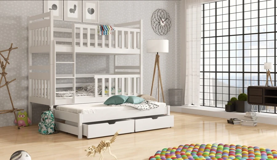 Weißes Kinder-Etagenbett für 3 Personen mit Ausziehbett und Stauraum.