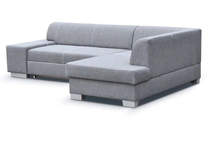 Modernes graues Ecksofa in L-Form mit Stoffbezug vor weißem Hintergrund.