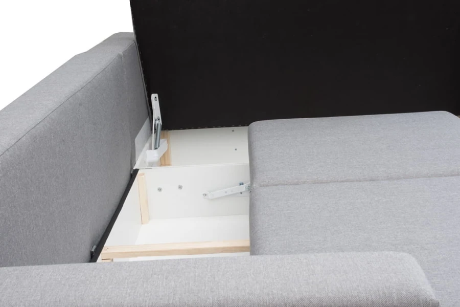 Detail vom Bettkasten und Hebemechanismus eines grauen Sofas