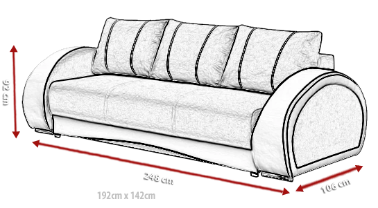 Technische Zeichnung mit Maßen für das Sofa: 248x106x92 cm, Liegefläche 192x142 cm.