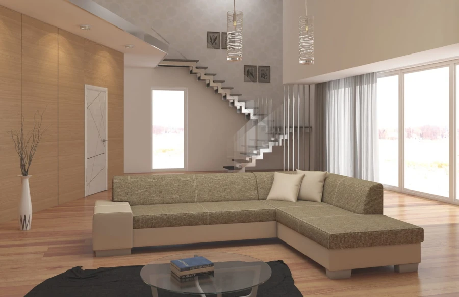 Elegantes beige-weißes Ecksofa in modernem Wohnbereich mit Holzboden
