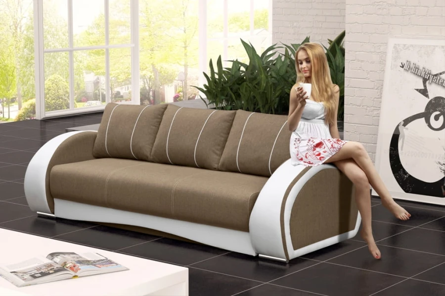 Modernes 3-Sitzer Sofa in Braun und Weiß mit geschwungenen Seiten.
