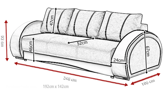 Sofa Abmessungen Skizze mit Maßen für Breite 248cm und Höhe 92cm.