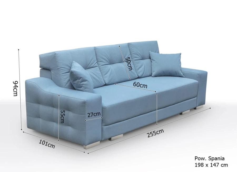 Sofa-Maße: Skizze des blauen 3-Sitzers mit detaillierten Höhen- und Breitenangaben.