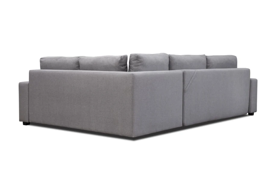 Rückansicht eines grauen Polstersofas in L-Form
