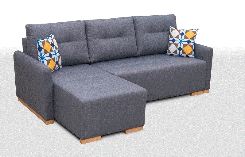 Modernes graues L-Form Sofa mit Polsterung und farbigen Akzentkissen.
