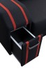 Modernes schwarzes Sofa mit rotem Streifendesign und offener Schublade.