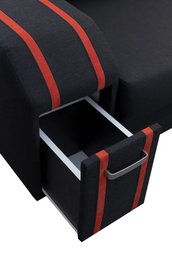 Modernes schwarzes Sofa mit rotem Streifendesign und offener Schublade.
