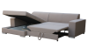 Ecksofa mit ausgeklappter Schlaffunktion und offenem Bettkasten für Stauraum.