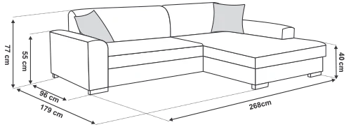 Skizze mit Maßangaben für ein großes Ecksofa in L-Form.