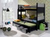 Schwarzes Etagenbett mit grauem Ausziehbett und Stauraumschubladen in modernem Kinderzimmer.