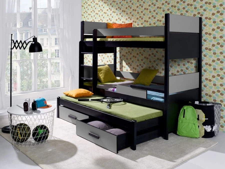 Schwarzes Etagenbett mit grauem Ausziehbett und Stauraumschubladen in modernem Kinderzimmer.