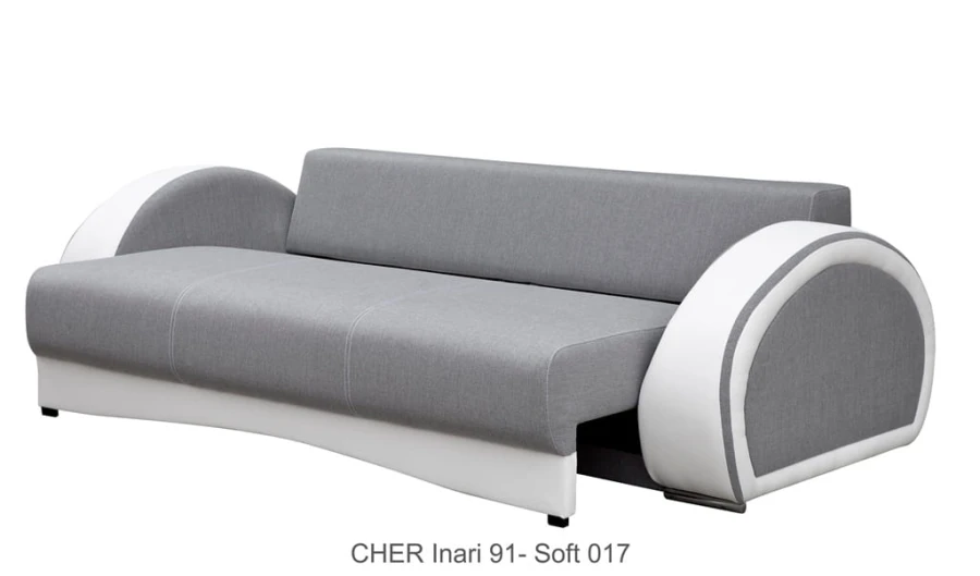Grau-weißes Designer Sofa CHER Inari mit geschwungenen Armlehnen.