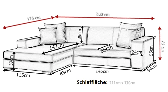 Maßskizze für Ecksofa mit Schlaffunktion, Maße 263x178 cm, Liegefläche 211x130 cm.