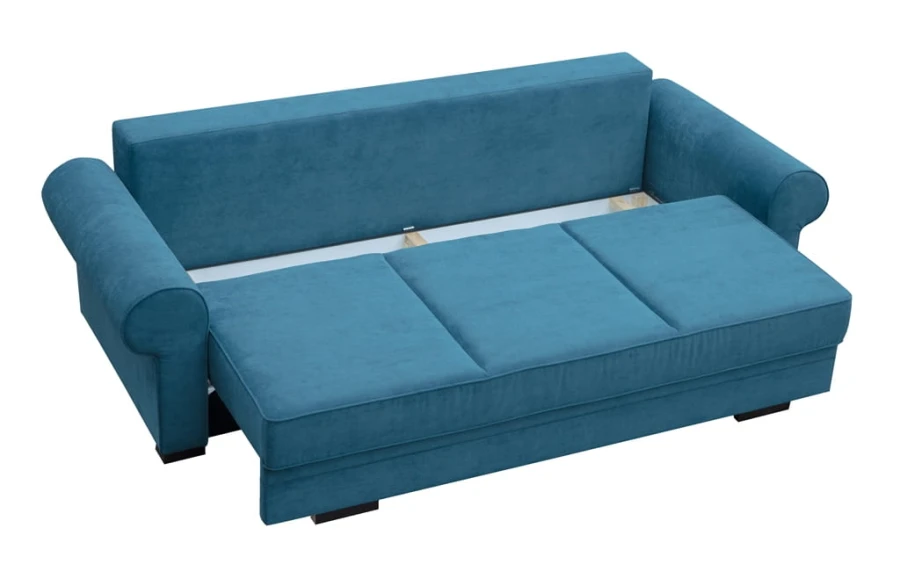 Blaues Sofa mit sichtbarem Ausziehmechanismus für die Schlaffunktion