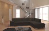 Dunkelgraues Ecksofa in einem geräumigen, modernen Wohnzimmer mit hellen Holzböden.