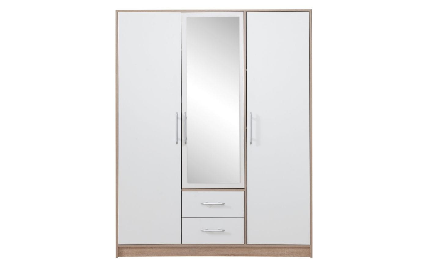 SAM SR2 Kleiderschrank 3-türig Garderobe Garderobensystem mit Spiegel Weiß Lux/Eiche Deine Möbel