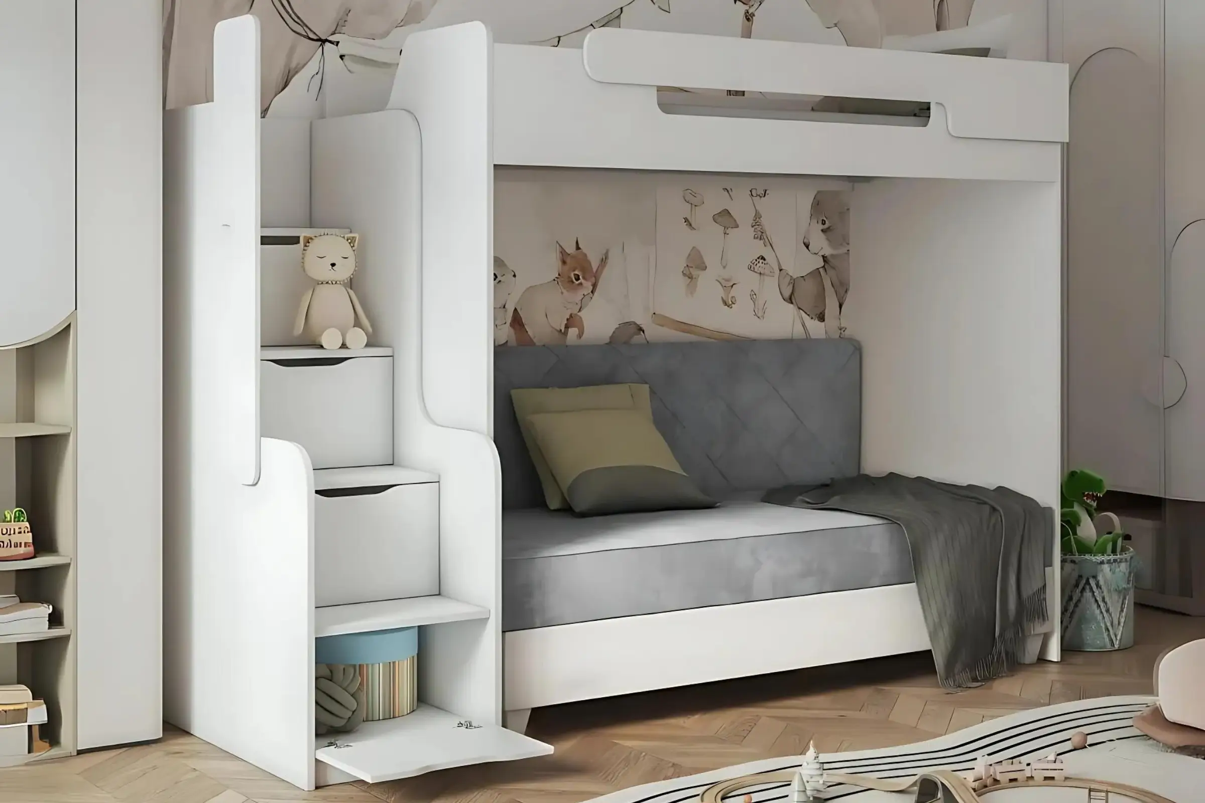 ARTHUR 90x200 Weiß + Velour Amber 802 Grau Hochbett Etagenbett Funktionsbett mit Couch Sofa LgII Deine Möbel