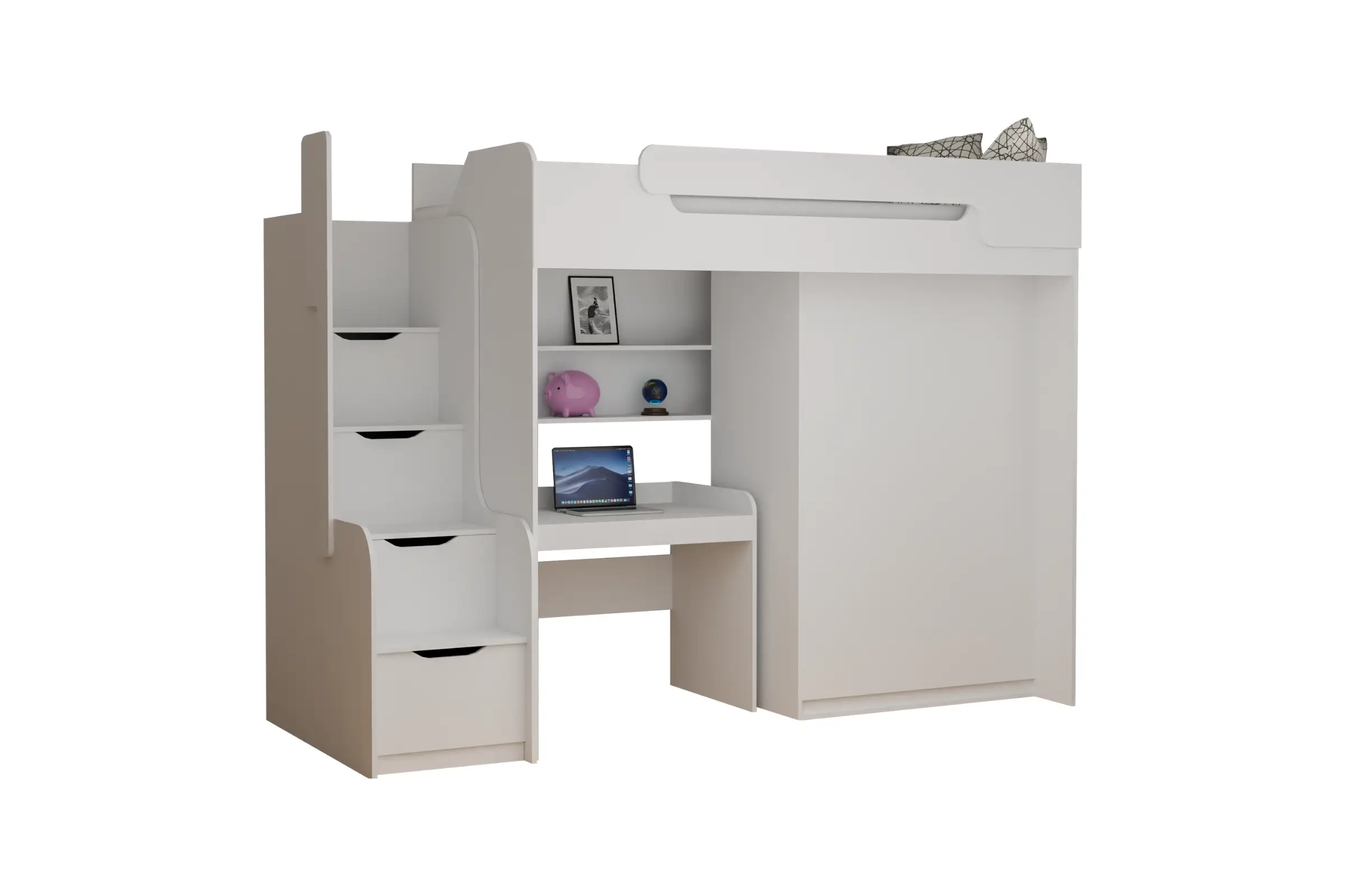ARTHUR 90x200 Weiß Hochbett Funktionsbett Etagenbett mit Schreibtisch, Schrank und Treppe Deine Möbel