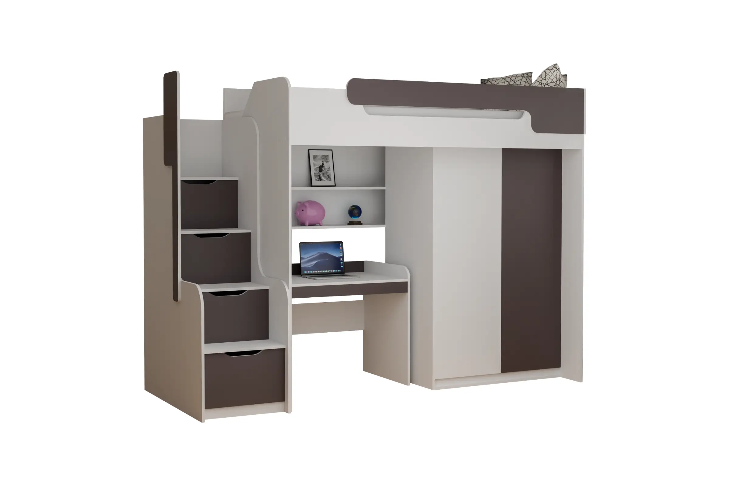 ARTHUR 90x200 Weiß + Graphit Hochbett Funktionsbett Etagenbett mit Schreibtisch, Schrank und Treppe Deine Möbel
