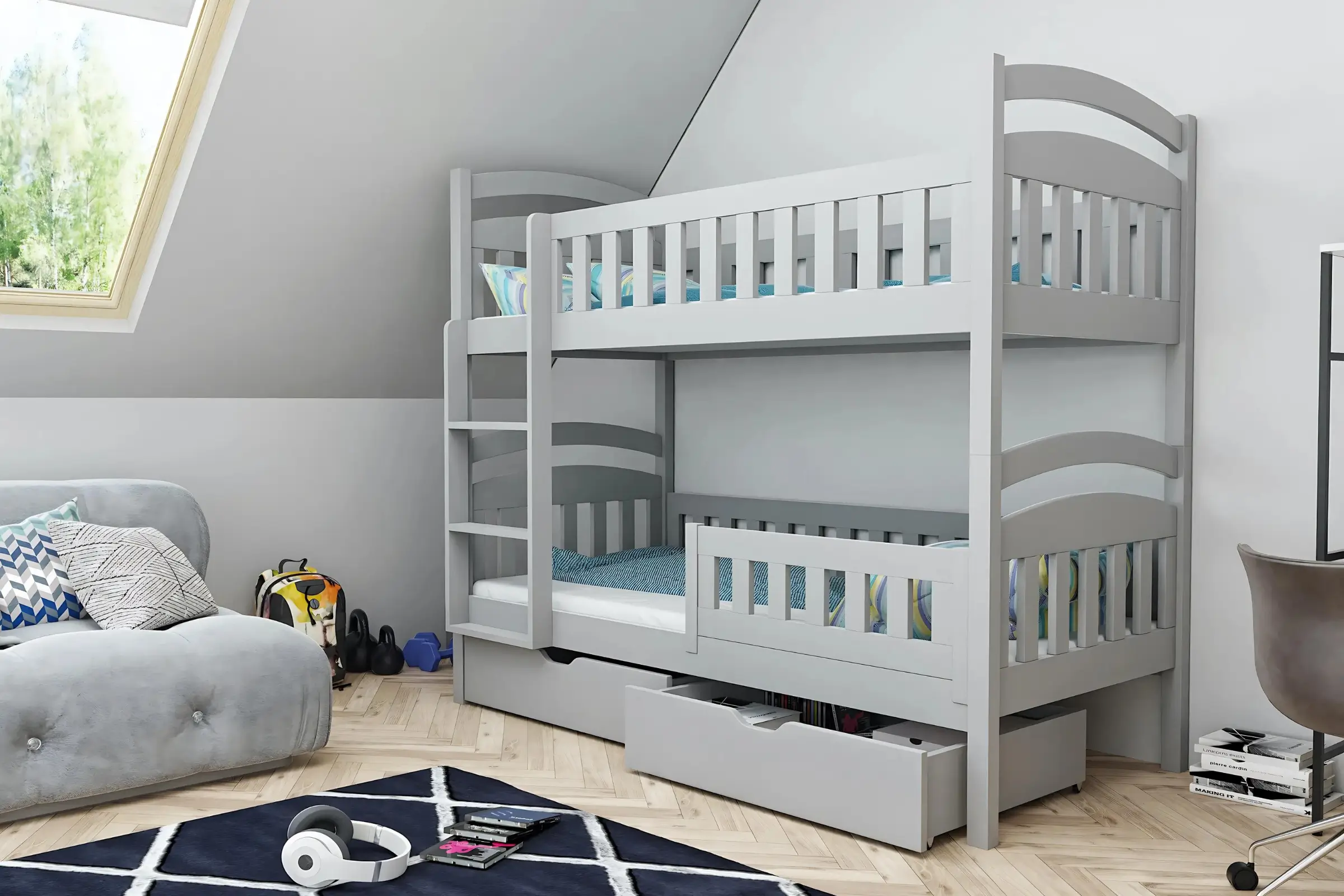 DAVI II 90x200 Grau Etagenbett mit Schubladen Deine Möbel