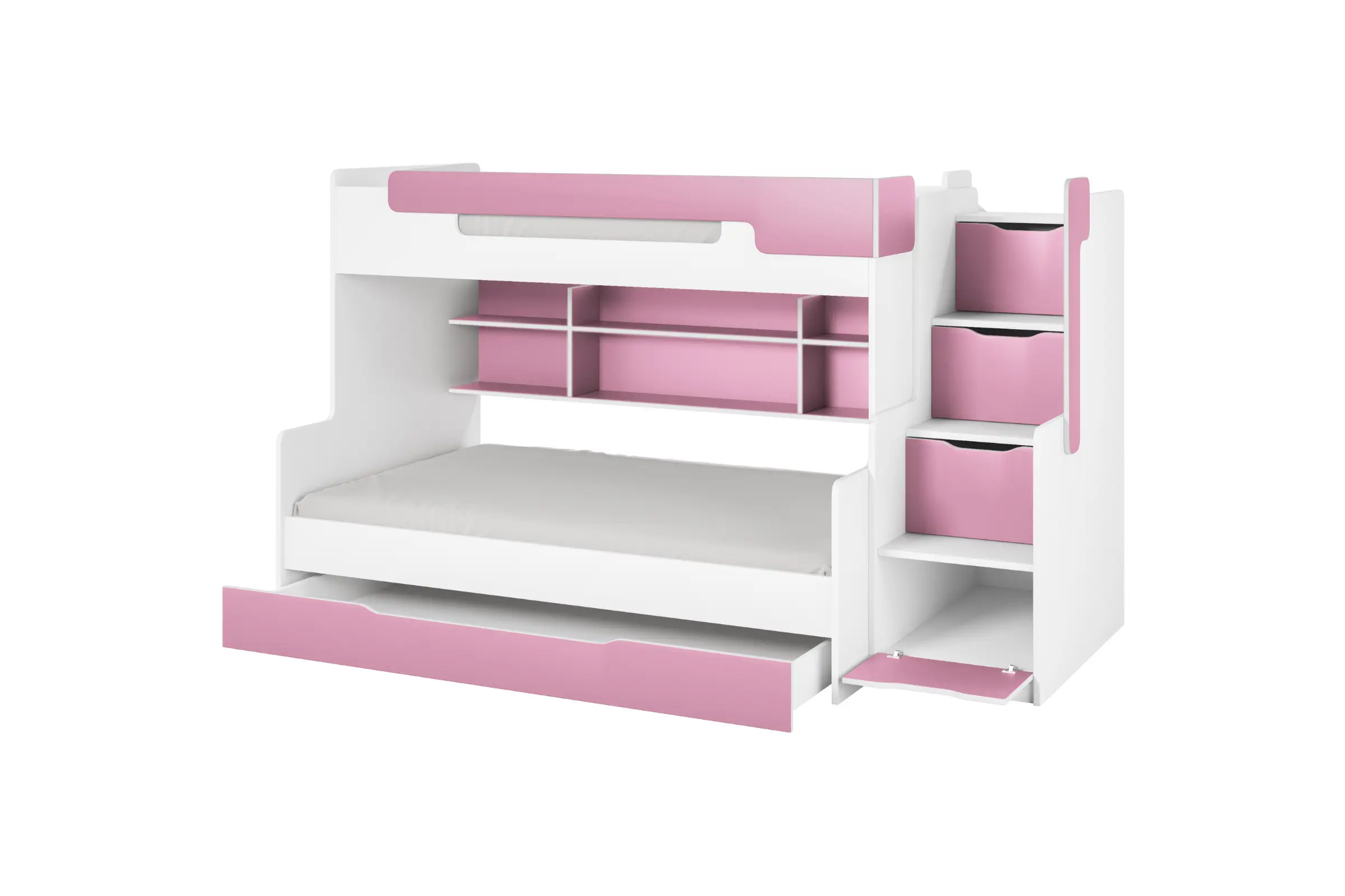 HANNA 90x200/120x200 Weiß + Pink Etagenbett Funktionsbett mit Treppe Deine Möbel