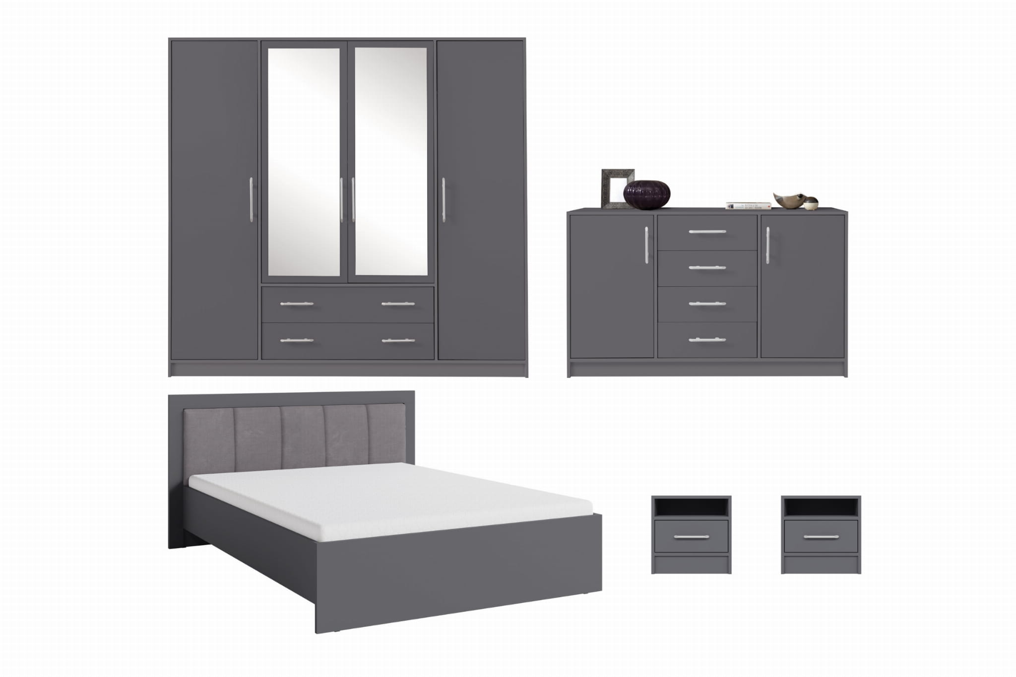 Schlafzimmer-Set SAM A Schlafzimmer Schrank SRL1 Kommode SRK1 Bett SR6 Nachttisch SR7, 5-tlg., Anthrazit Deine Möbel