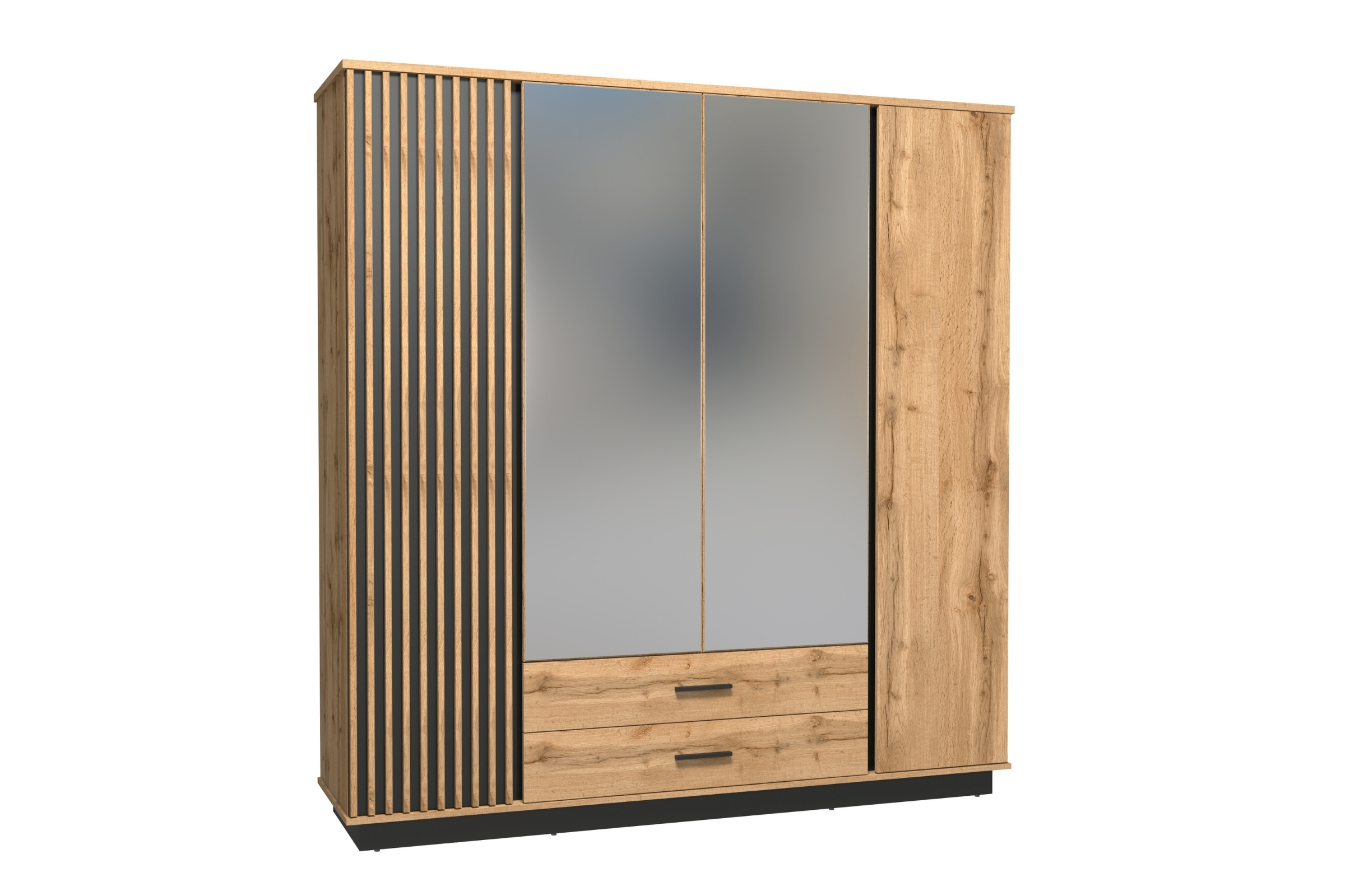 LAMI 18 Kleiderschrank mit Lamellen, Spiegel & 2 Schubladen, Wotan Eiche/Schwarz Matt Deine Moebel