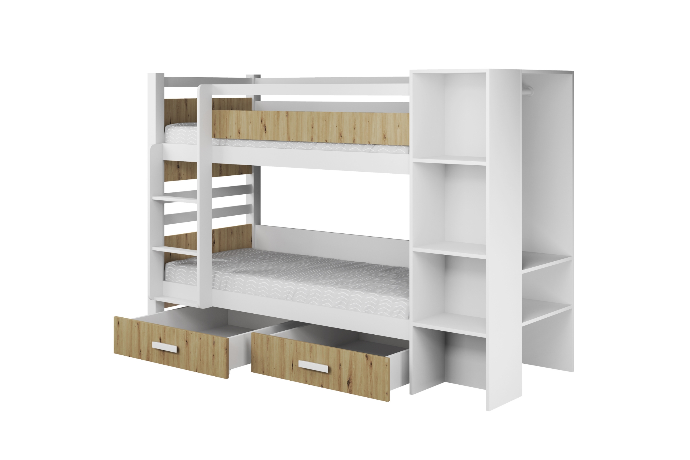 AGNES Etagenbett für 2 Kinder 90x200 cm mit Regal, Kleiderstange und 2 Schubladen Deine Möbel