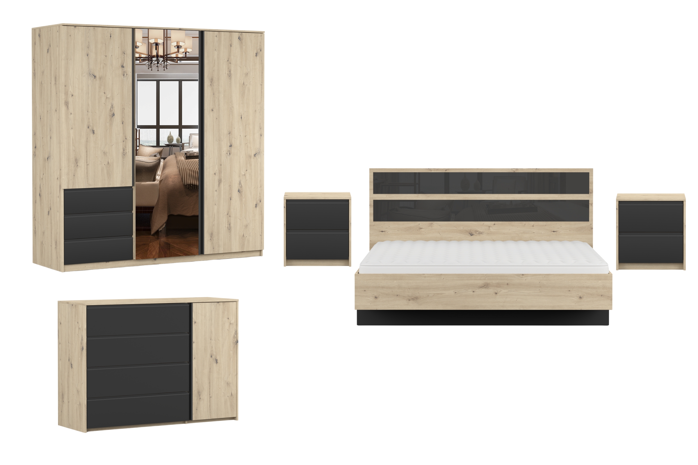 AURORA Schlafzimmer Set Komplettschlafzimmer Kleiderschrank 230 cm breit Deine Möbel