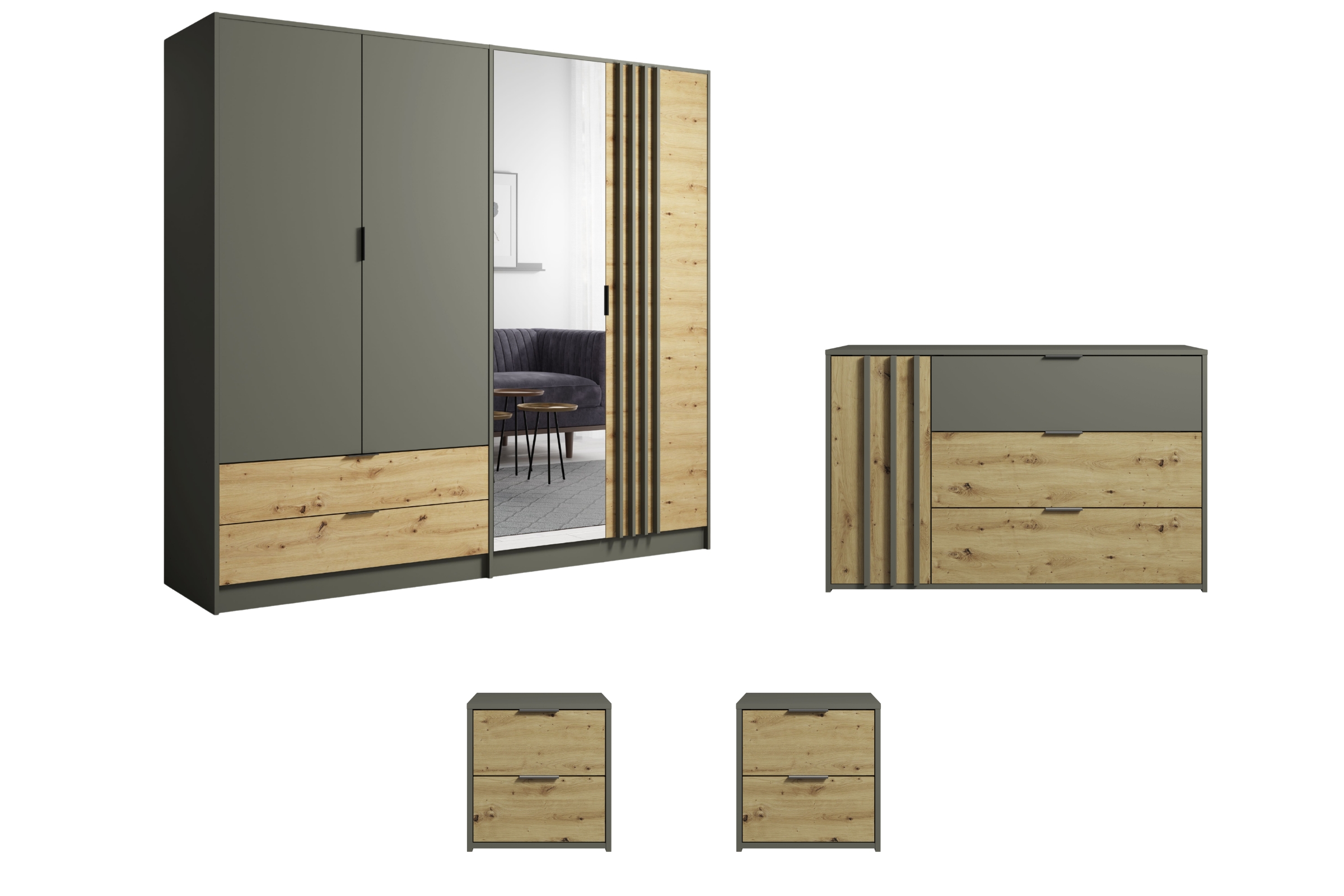 RON B Schlafzimmer Set Schlafzimmermöbel-Set inkl. Kleiderschrank mit Spiegel, Kommode und 2 Nachttischen – Artisan Eiche / Graphitgrau Deine Möbel